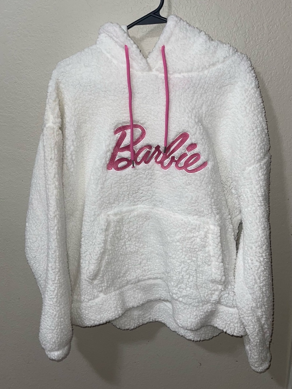 Forever 21 White Plush Barbie Pullover Hoodie with Pink Accents